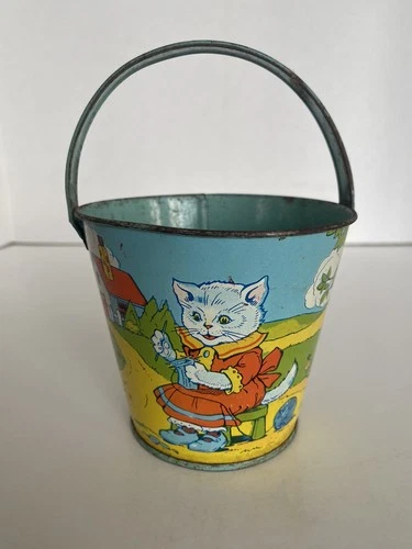 Vintage J. Chein Tin Litho Sand Pail Cats Kittens