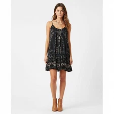 Free People Black Floral Bohemian Mini Dress XS Lace Hem Flowy Festival Slip