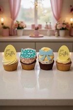 Confezione da 24 topper per cupcake eleganti, a tema Buona Pasqua, in acrilico, blu e oro.