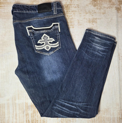 Sizzle Jeans Womens 18 Blue Straight Leg Contrast Stitch Fleur De Lis Embroidery