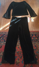 Vtg 2 pc XSCAPE LAWRENCE KURTZ Velvet Top Pants Lace trim Black Wide Leg 8 NWT