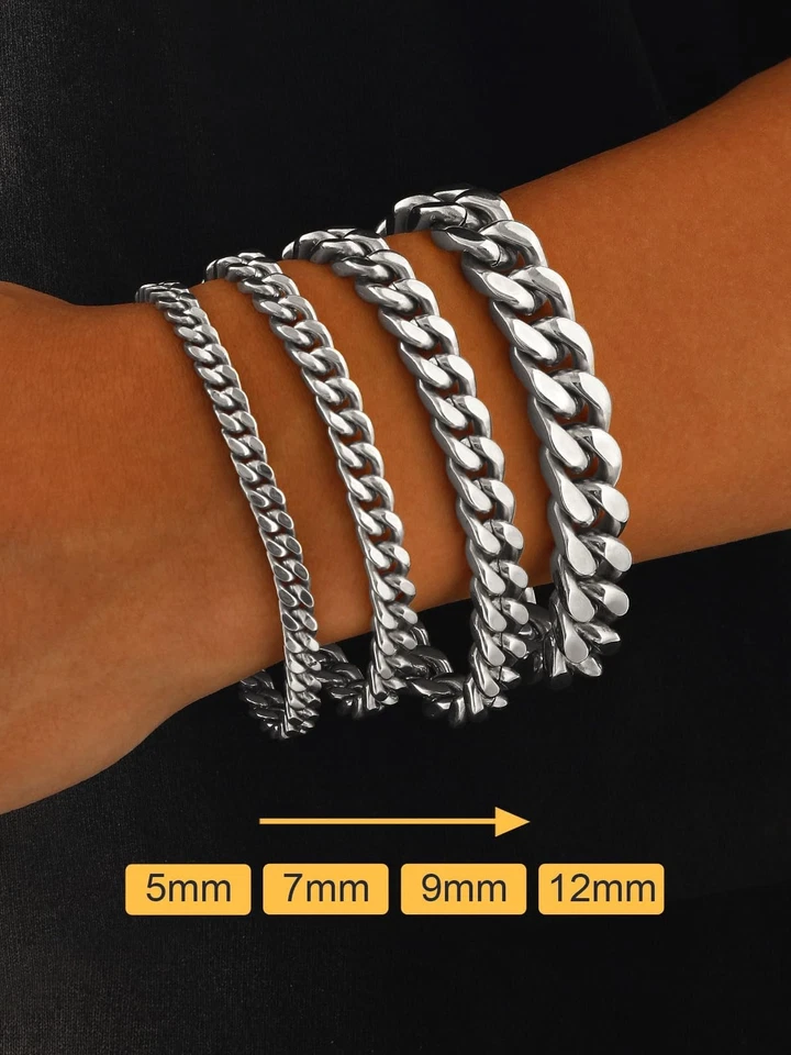 Pulsera de eslabones cubanos para hombre, pulseras de muñeca gruesas de metal plateadas Foto 3 de 4