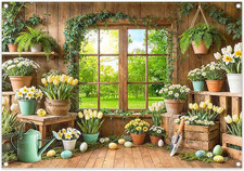7X5Ft Easter Backdrop Colorful Eggs Spring Wooden House Window Forest Floral Tul