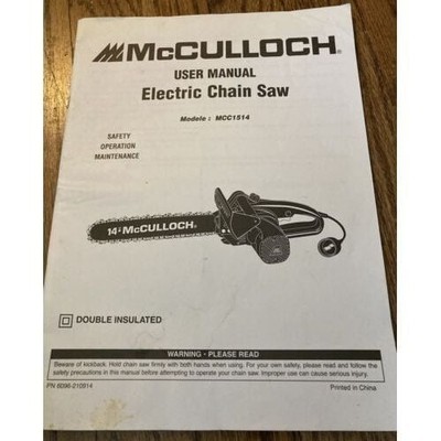 McCulloch Electric Chain Saw MCC1514 User Manual Owner Operator Guide Booklet