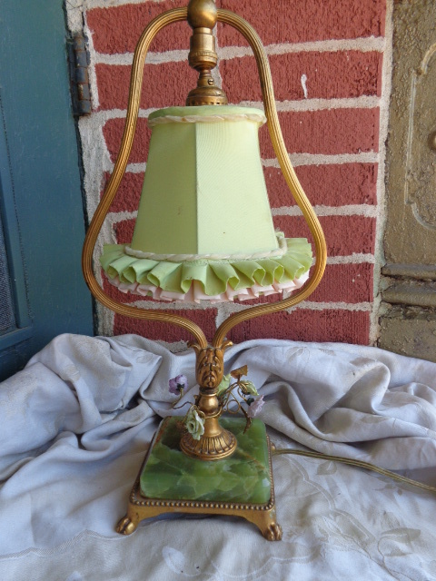 VINTAGE FRENCH BOUDOIR PORCELAIN FLORAL ROSES GOLD GILT GREEN ONYX