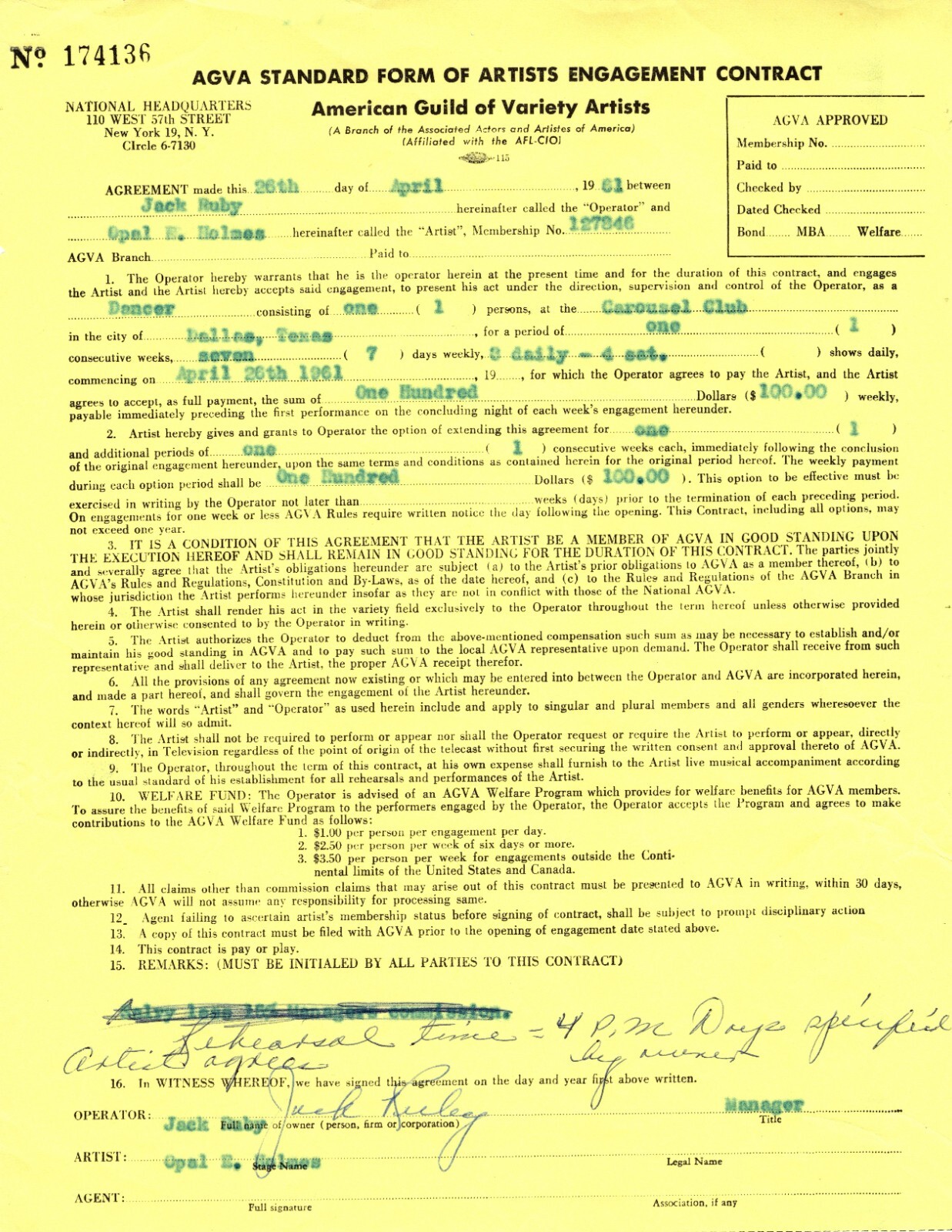 Jack Ruby - Document Signed - Hires Exotic Dancer for Carousel Club in ...