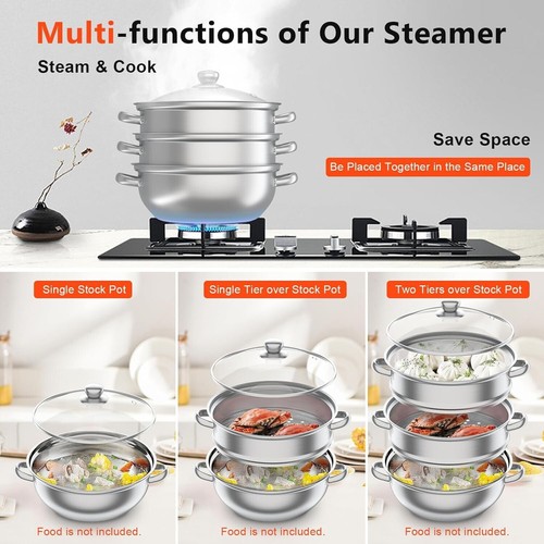 3 TIERS 28CM STEEL INDUCTION HOB STEAMER MULTI VEG COOKER POT PAN W/ GLASS LID - Picture 3 of 12