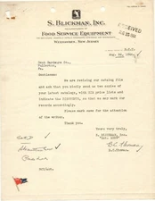 1944 S. Blickman Inc. Food Service Equipment Letter Weehawken, NJ Dent Hardware