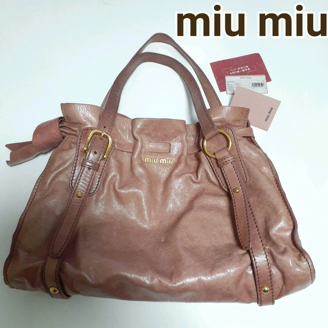 Auth Miu miu Handbag Shoulder Bag #1901 Brown Leather Bow Ribbon