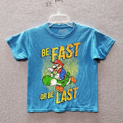 Super Mario Boys T-Shirt M Blue Graphic Luigi Best Fast Or Be Last