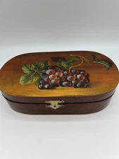 Hand Painted Wooden Box Oval Hinged Grapes Glossy Finish Antique Cottagecore