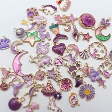 10 Enamel Gold Charms Purple Pendants Findings Set Assorted Lot Mix