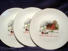 THREE SLEIGH RIDE SCENE PLATES w/SALTBOX HOME, TREES, SNOW, ETC. 8 1/4" 