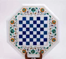 18" Chess Board white Marble chess Table Top inlay lapis pietra dura Home decor
