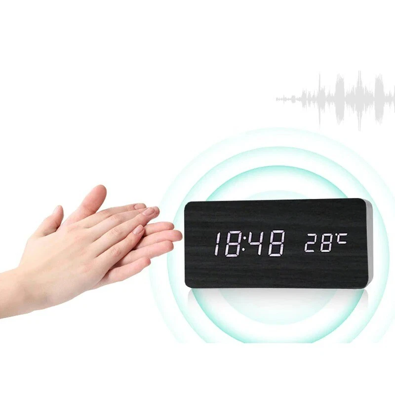 Madera Moderna Madera Digital LED Escritorio Despertador Termómetro Cargador Foto 3 de 4