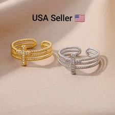 New Classic Adjustable Stainless Steel Cross Rings Unisex Silver Gold Color Open