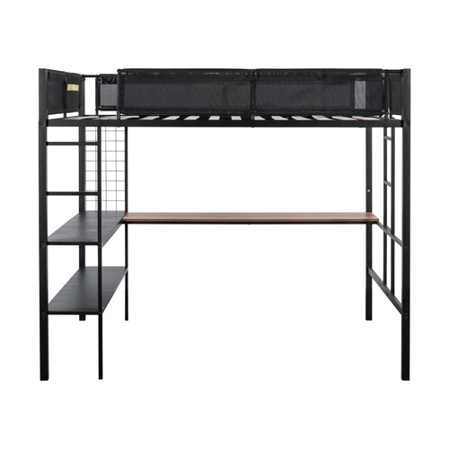 Full Size Loft Bed Metal Bed Frame with Desk & Storage Shelves & Ladders Black - Picture 7 of 15