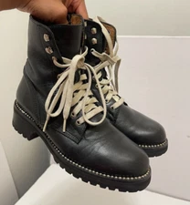 Womens AQUA JAX black Leather Contrast Beaded combat boots 9.5 Zip Goth Punk Doc