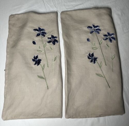 Set 2 Pottery Barn 100% Linen Beige Embroidered Floral Pillow Cover 18”x18”
