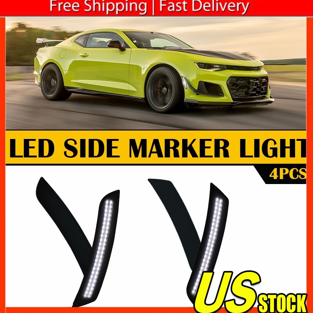 White LED Fender Marker Lights for 16-22 Chevy Camaro Front & Rear Smoked Lens