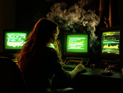 Dark Smoky Hacker s Den Woman Monitoring Data 80s Vintage Tech Poster Print