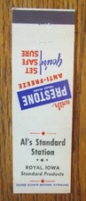 AL'S STANDARD GAS STATION 1950s MATCHBOOK MATCHCOVER: ROYAL, IOWA -E22