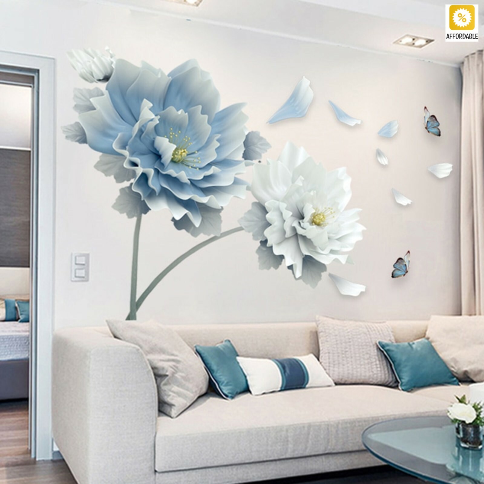 3d Wall Art Decals Mural Large White Blue Flowers Lotus Butterfly For Room Decor Ebay