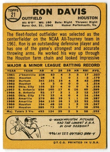 1968 Topps #21 Ron Davis Houston Astros - Picture 2 of 2