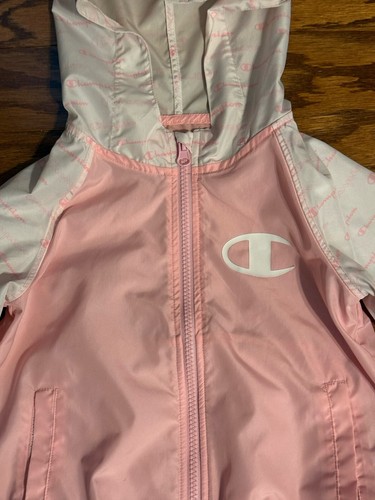 Little Girl Size 5 CHAMPION Logo Unlined Pockets Hooded Rain Jacket Pink/White - Picture 3 of 14