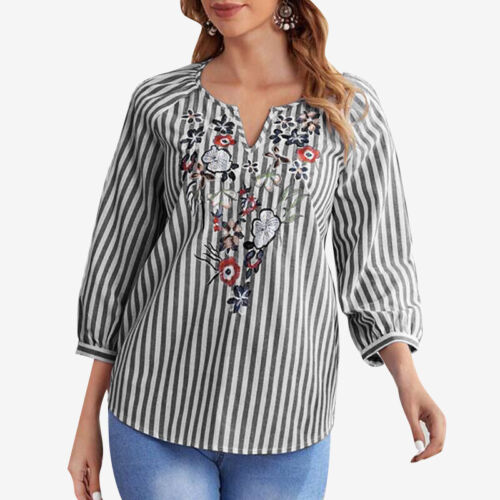 Women V-Neck Embroidery Floral Striped 3/4 Sleeve Casual Loose Blouse Shirt Tops - Picture 10 of 12