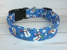 Snowman Terri's Dog Collar custom made adjustable fabric pet gift Blue Winter