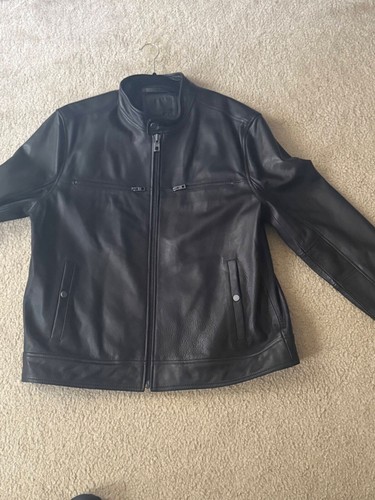 Andrew Marc Men's Black Leather Zip-Up Moto Biker Warm Coat Jacket Size XL