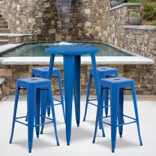 24'' Round Blue Metal Indoor-Outdoor Restaurant Bar Table Set w/4 Barstools
