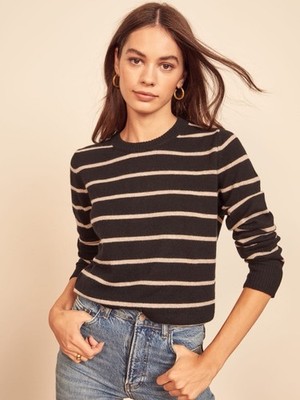 Reformation Women s Cashmere Black and White Striped Crewneck Sweater Size M