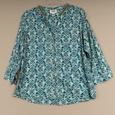 Talbots Top Tunic Women’s Sz L Cotton Wood Bead Mandarin Collar Button Up