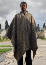 Peruvian Wool Poncho Vintage Cusco Bolivia Hand Made Grey Blue Brown Large Andes