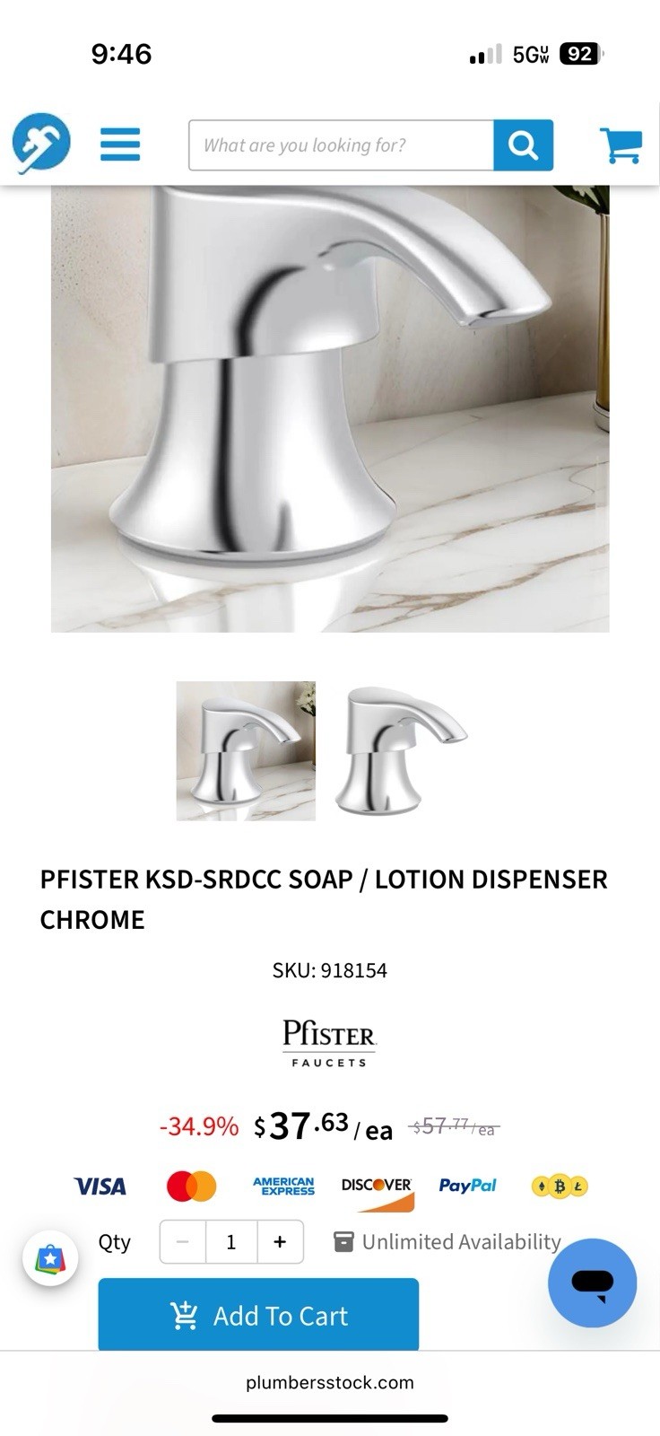 Pfister KSD-SRDCC Chrome Plated Deck Mnt Push Down Soap Dispenser - NEW