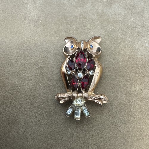 Coro 1940’s Rare Sterling Adolph Katz Owl Fur Clip Vermeil Faux Rubies - Picture 3 of 7