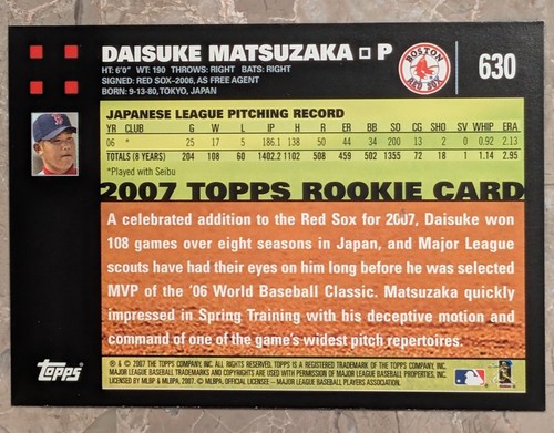 2007 Topps Daisuke Matsuzaka #630 Rookie Card Boston Red Sox - Picture 2 of 2