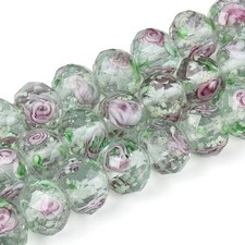 80pcs Flower Round Faceted Lampwork Glass Beads Handmade Flower Bead Light Green