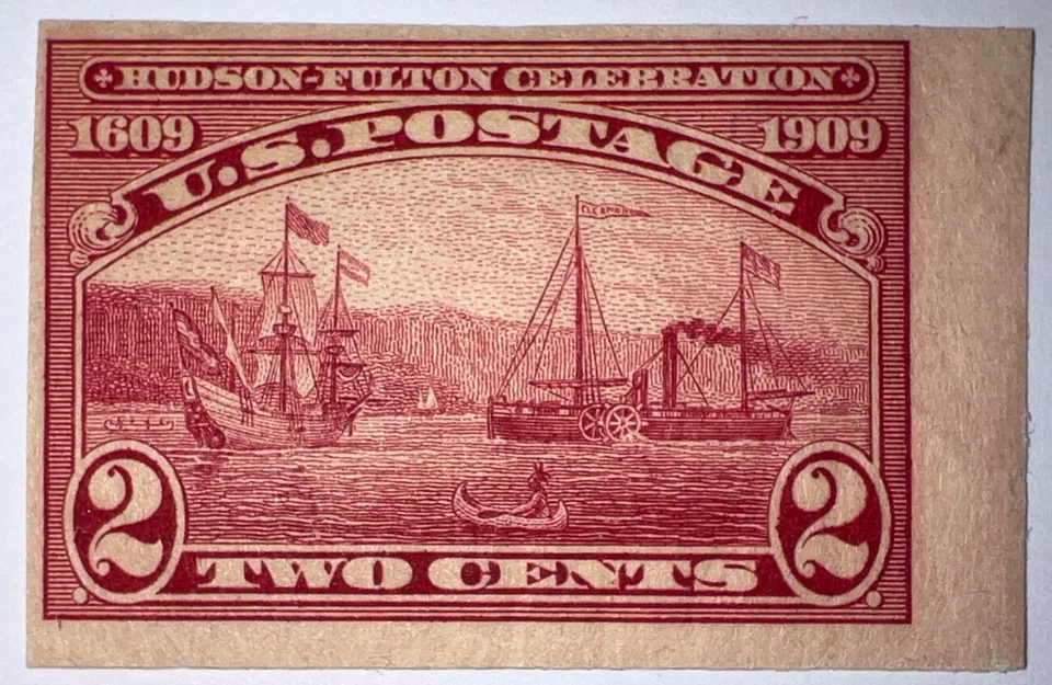 Sellos de viaje: estampillas de Estados Unidos de 1909 Scott #373, S.S. Clermont 2 centavos imperfectas MNH OG Foto 3 de 4