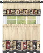 Cozy Caf  Printed Tier  Valance Set - 58X36 Inch Tan-Black