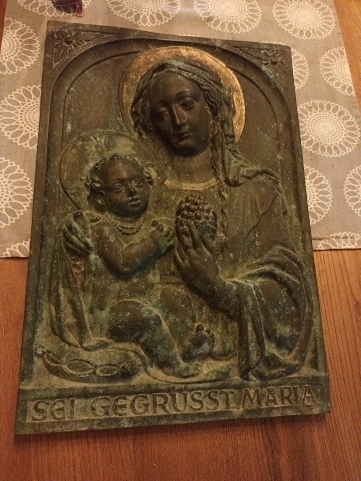 Wandplakette, Relief Platte, Madonna mit Kind Bronze ,Messing ,44x30 cm