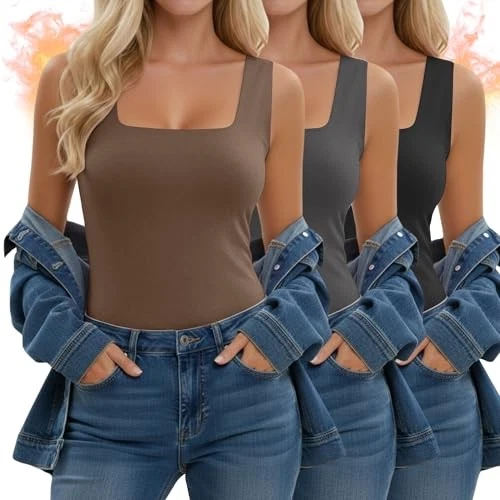3 Pack Women's Thermal Tank Tops, Fleece Large Black, Dark Gray, Warm Brown - Image 2 of 4