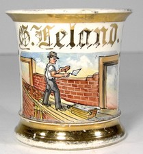ca1900 HAND PAINTED BRICKLAYER / MASON OCCUPATIONAL SHAVING MUG BRICK WALL