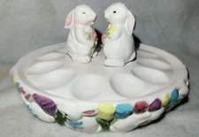 Spring Easter Ceramic Deviled Egg Platter With Bunny Salt And Pepper Shakers