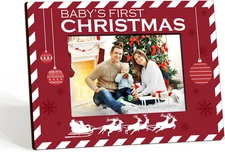 4’’X6’’ Baby'S First Christmas Frame - Reindeer Red Wooden Picture Frame - Farmh