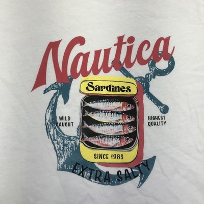 Nautica Shirt Mens Medium White Sardines Extra Salty Graphic Tee Tagless VR6634J