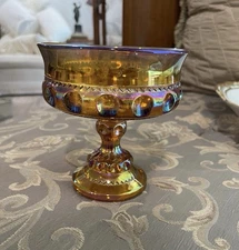 INDIANA GLASS AMBER THUMB PRINT KINGS CROWN PEDESTAL COMPOTE CANDY DISH