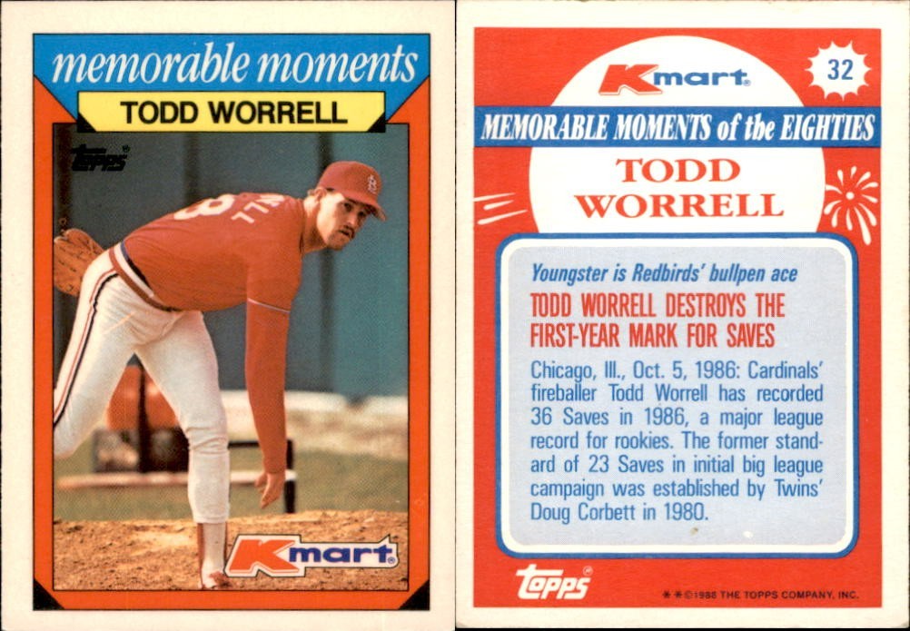 1988 Topps Kmart Memorable Moments #32 Todd Worrell Cardinals Baseball Card